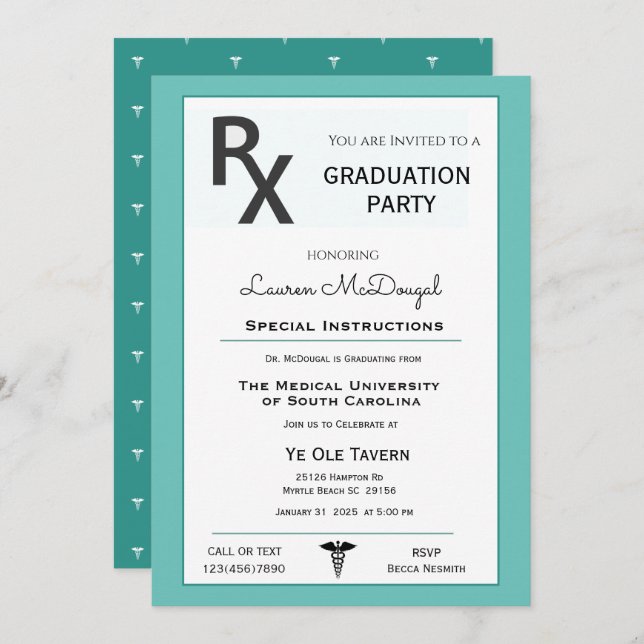 Medicinsk receptbelagda Pad Studenten-inbjudan Inbjudningar (Fram/baksida)