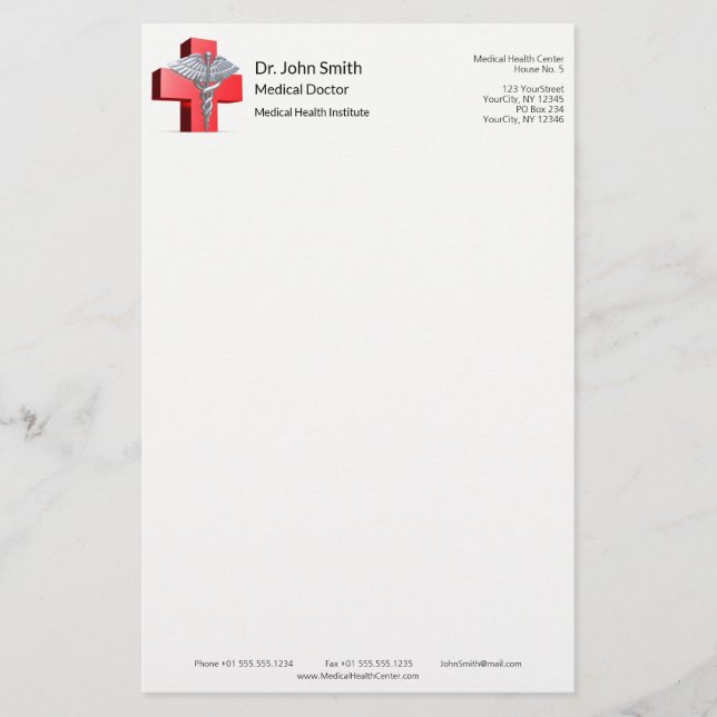 Medicinsk Silver 3D Caduceus Cross Röd Brevpapper (Framsida)
