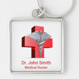 Medicinsk Silver 3D Caduceus Kor Red Fyrkantig Silverfärgad Nyckelring