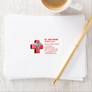 Medicinsk Silver Caduceus 3D Kor Red Adressetikett