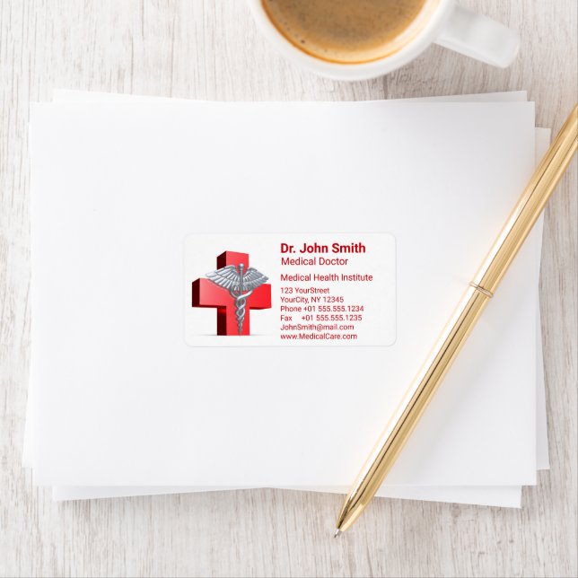 Medicinsk Silver Caduceus 3D Kor Red Adressetikett (Insitu)