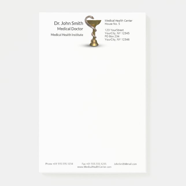 Medicinsk Snake Bowl Hygieia White Caduceus Bronze Post-it Block (Framsida)