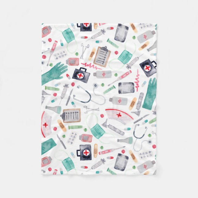 Medicinsk utrustning i vattenfärg fleecefilt (Framsidan)