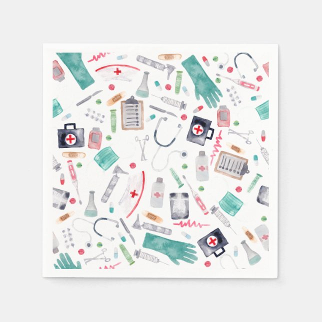 Medicinsk utrustning i vattenfärg pappersservett (Framsidan)