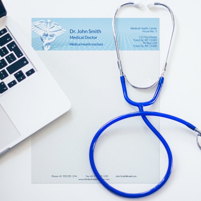 Medicinsk vit 3D Caduceus Blue Design Brevhuvud (Skapare uppladdad)