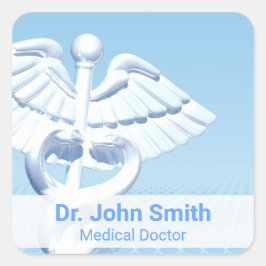 Medicinsk vit 3D Caduceus Blue Design Fyrkantigt Klistermärke