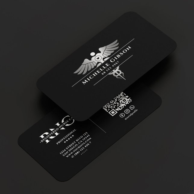 Medicinska Doktor Nurse Elegant Black Silver Caduc Visitkort (Medical Doctor Nurse Elegant Black Silver Caduceus Business Card
)