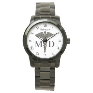 Medicinska svarta Caduceus Medical Doktor MD Women Armbandsur