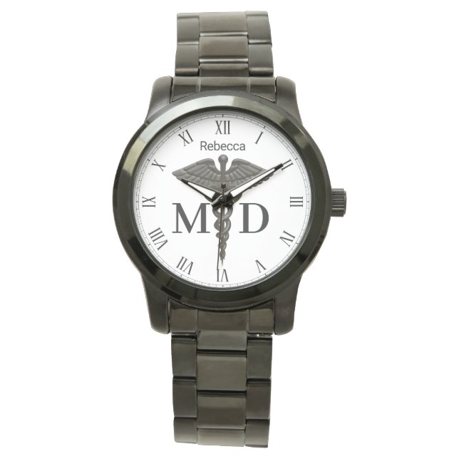 Medicinska svarta Caduceus Medical Doktor MD Women Armbandsur (Framsida)