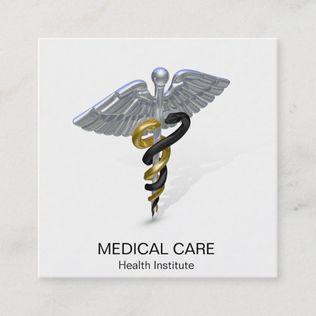 Medicinskt Silver Caduceus Black Square Affärskort Fyrkantigt Visitkort (Framsida)