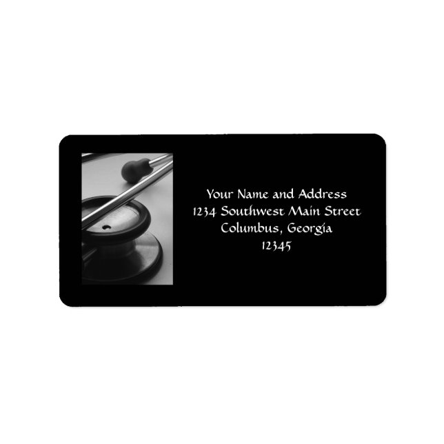 Medicinskt skop, svartvitt adressetikett (Framsidan)