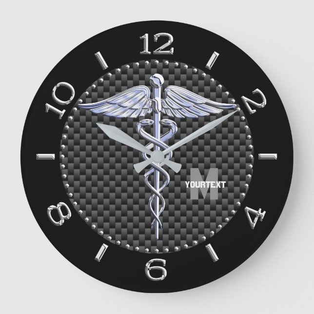 Medicinskt symbol för MonogramCaduceus på svart Stor Klocka (Framsida)