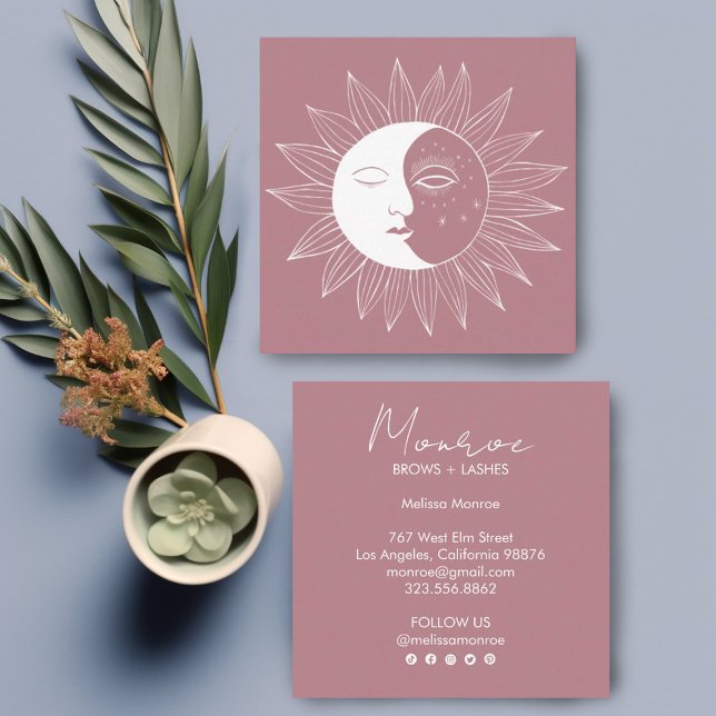 Medieikon för sol &amp; Måne Boho Line Elegant Social Fyrkantigt Visitkort (Customize these sweet sun moon square business cards with your own text &amp; edit social media icons)
