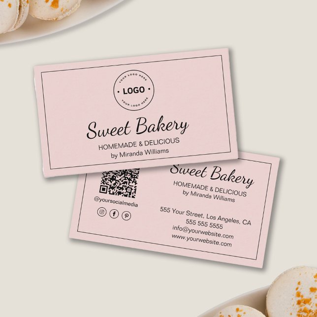 Medieikoner för Bakery Rosa Modern Logotyp QR Soci Visitkort (Bakery Pink Modern Logo QR Social Media Icons Business Card)