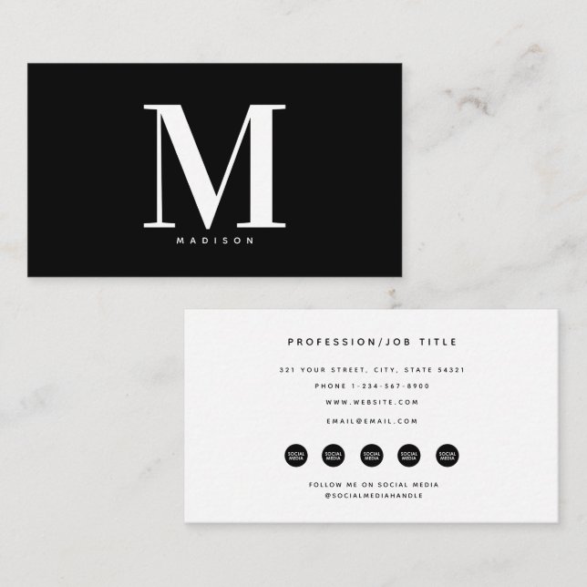 Medieikoner i Modern Black White Monogram Social Visitkort (Fram/baksida)