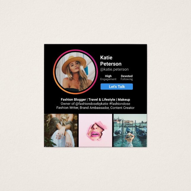 Medieprofil för svart trendig-social fyrkantigt visitkort (Framsida)