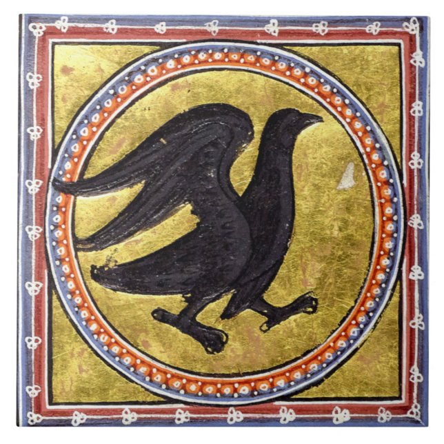 Medieval Aberdeen Bestiary Woodpecker Ceramic Tile Kakelplatta (Framsidan)