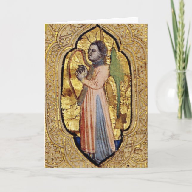 Medieval ängel med Harp Guld Renaissance Fine Art Kort (Framsida)