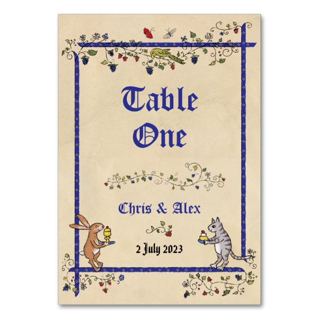 Medieval animals bord nej-kort med pars namn bordsnummer (Framsidan)