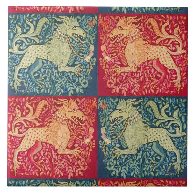 MEDIEVAL BESTIÄR Lejon SOM Beast i rödblått radban Kakelplatta (Framsidan)
