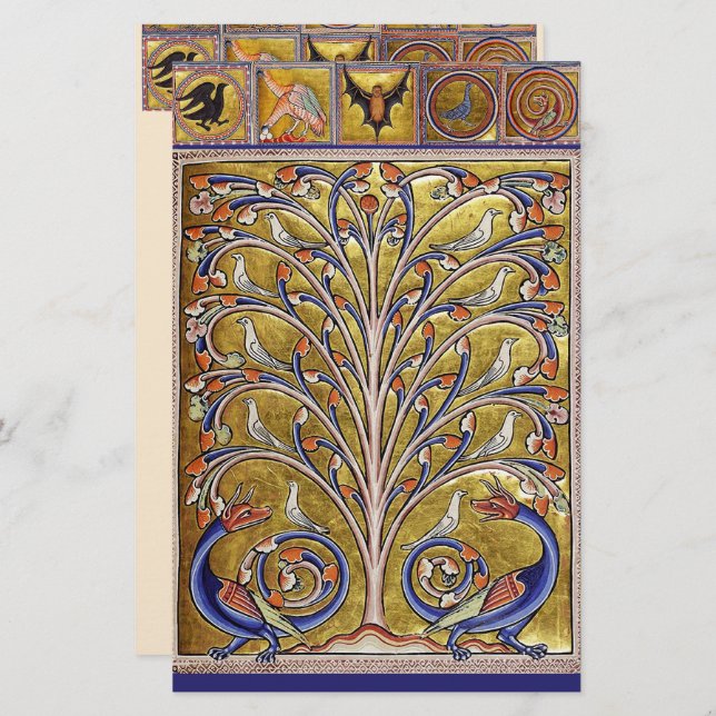 MEDIEVAL BESTIARY,BIRDS ON LIVETS TRÄD,DRAGON BREVPAPPER (Fram/baksida)