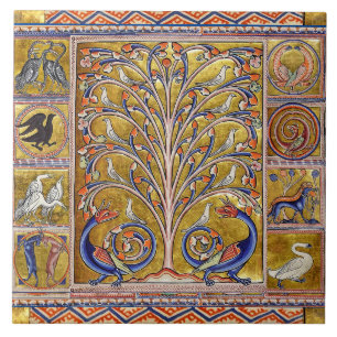 MEDIEVAL BESTIARY,BIRDS ON LIVETS TRÄD,DRAGON KAKELPLATTA