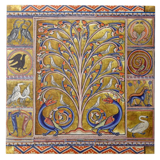 MEDIEVAL BESTIARY,BIRDS ON LIVETS TRÄD,DRAGON KAKELPLATTA (Framsidan)