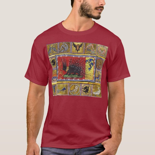 MEDIEVAL BESTIARY,BLACK HEDGEHOG KING and ANIMALS T Shirt (Framsida)