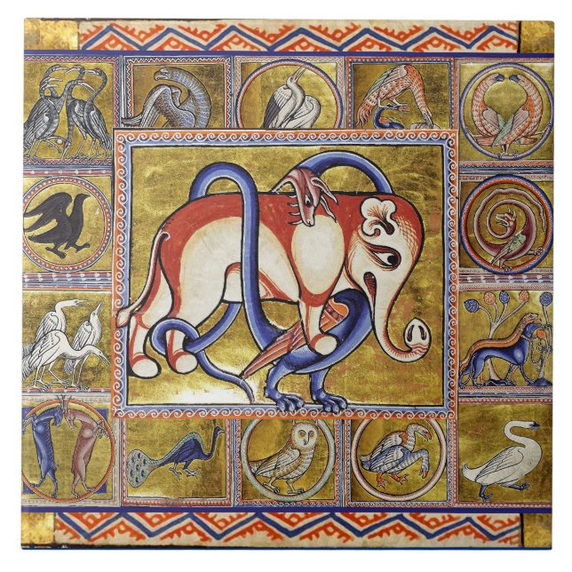 MEDIEVAL BESTIARY,ELEPHANT COMBATTE SNAKE DRAGON KAKELPLATTA (Framsidan)
