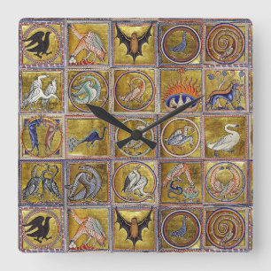 MEDIEVAL BESTIARY, FANTASTIC ANIMALS,GULD RED BLUE FYRKANTIG KLOCKA