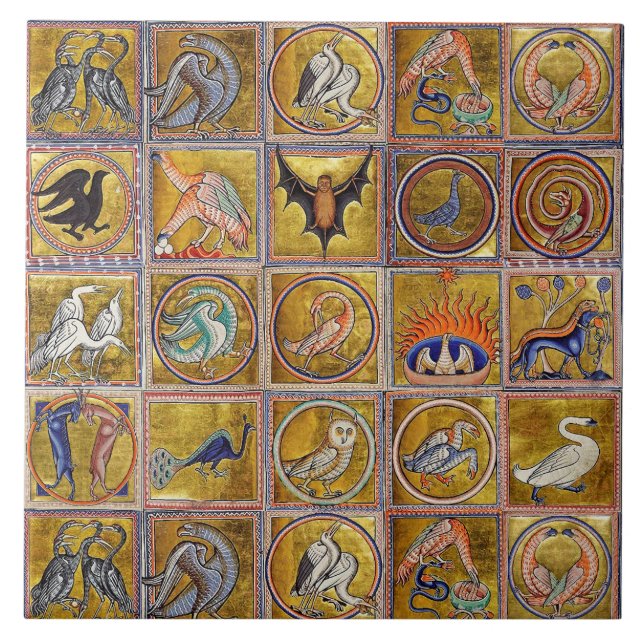 MEDIEVAL BESTIARY, FANTASTIC ANIMALS,GULD RED BLUE KAKELPLATTA (Framsidan)