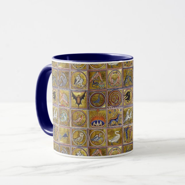 MEDIEVAL BESTIARY, FANTASTIC ANIMALS,GULD RED BLUE MUGG (Framsida vänster)