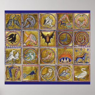 MEDIEVAL BESTIARY, FANTASTIC ANIMALS,GULD RED BLUE POSTER