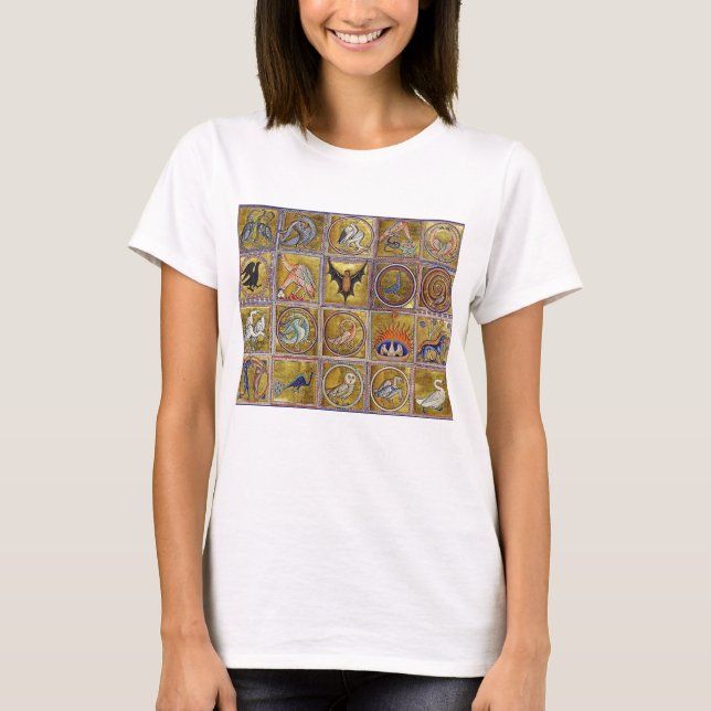 MEDIEVAL BESTIARY, FANTASTIC ANIMALS,GULD RED BLUE T SHIRT (Framsida)
