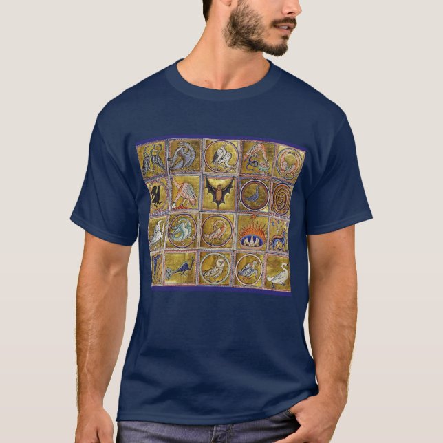 MEDIEVAL BESTIARY, FANTASTIC ANIMALS,GULD RED BLUE T SHIRT (Framsida)