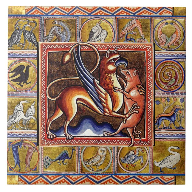 MEDIEVAL BESTIARY, GRIFFIN AND VILD BOAR,DJUR KAKELPLATTA (Framsidan)