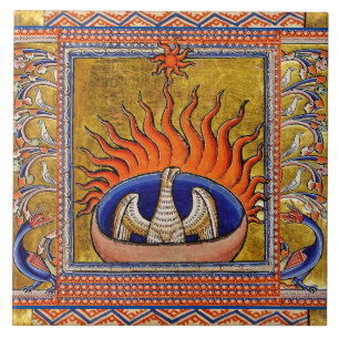 MEDIEVAL BESTIARY,PHOENIX IN RED FLAMES,LIFE TRÄD KAKELPLATTA