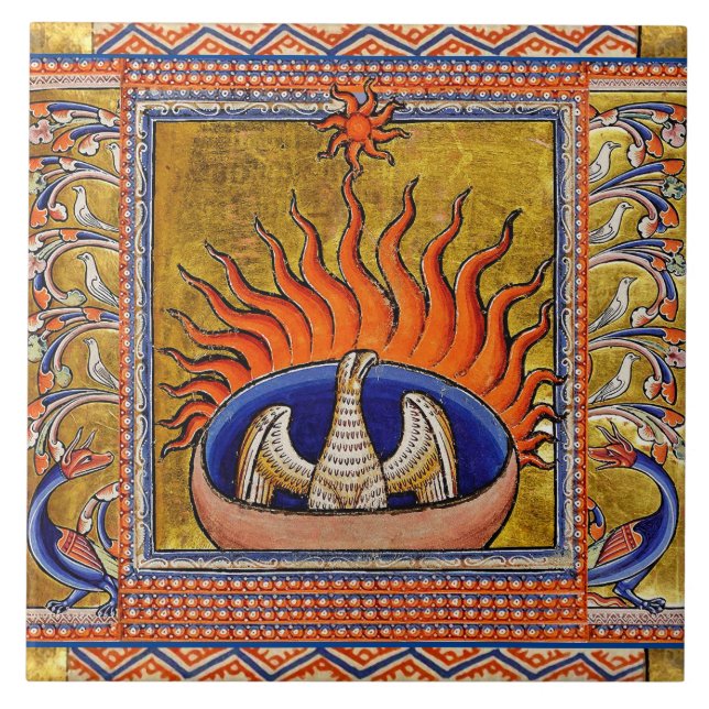 MEDIEVAL BESTIARY,PHOENIX IN RED FLAMES,LIFE TRÄD KAKELPLATTA (Framsidan)