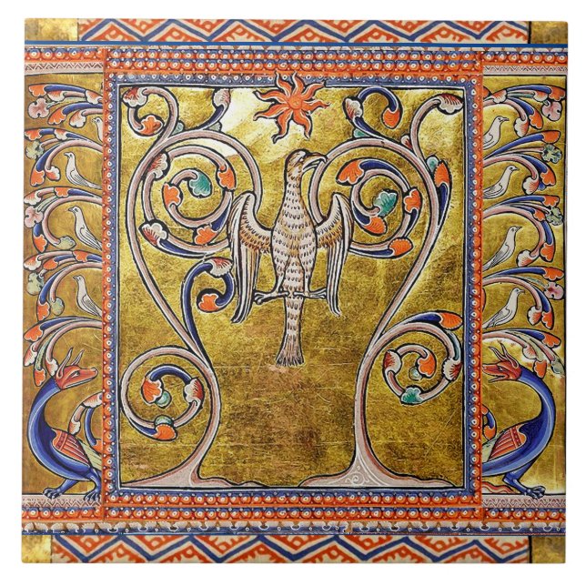 MEDIEVAL BESTIARY,PHOENIX ON LIVETS TRÄD,DRAGON KAKELPLATTA (Framsidan)