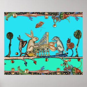 MEDIEVAL BESTIARY SKAPAR MUSIC,Rabbit,Hund,Blue Poster