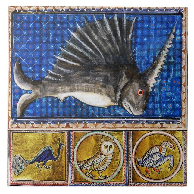 MEDIEVAL BESTIARY,UNICORN FISH,FANTASTISKA DJUR KAKELPLATTA (Framsidan)