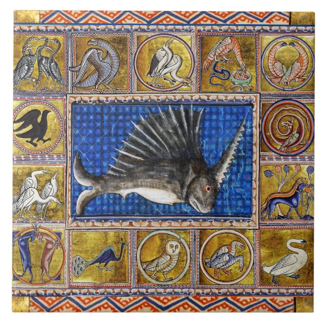 MEDIEVAL BESTIARY,UNICORN FISH,FANTASTISKA DJUR KAKELPLATTA (Framsidan)