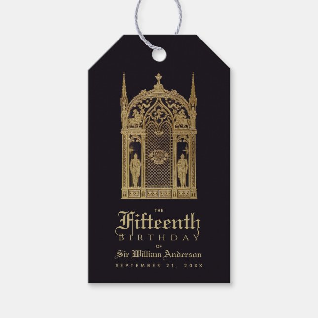 Medieval Birthday Black Guld Knight Elegant Gothic Presentetikett (Framsidan)