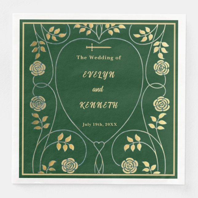 Medieval Blommigt Hearts och Sword Bröllop Pappersservett (Framsida)