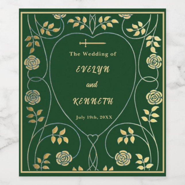 Medieval Blommigt Hearts och Sword Bröllop Vinflaska Etikett (Singel etikett)