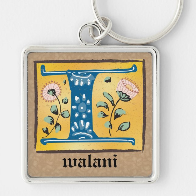 Medieval Blommigt i kvadrat, upplyst i Monogram Fyrkantig Silverfärgad Nyckelring (Framsidan)