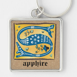 Medieval Blommigt i kvadrat Upplyst S Monogram Fyrkantig Silverfärgad Nyckelring