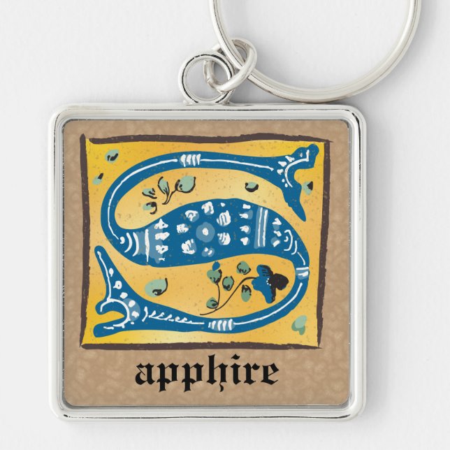 Medieval Blommigt i kvadrat Upplyst S Monogram Fyrkantig Silverfärgad Nyckelring (Framsidan)