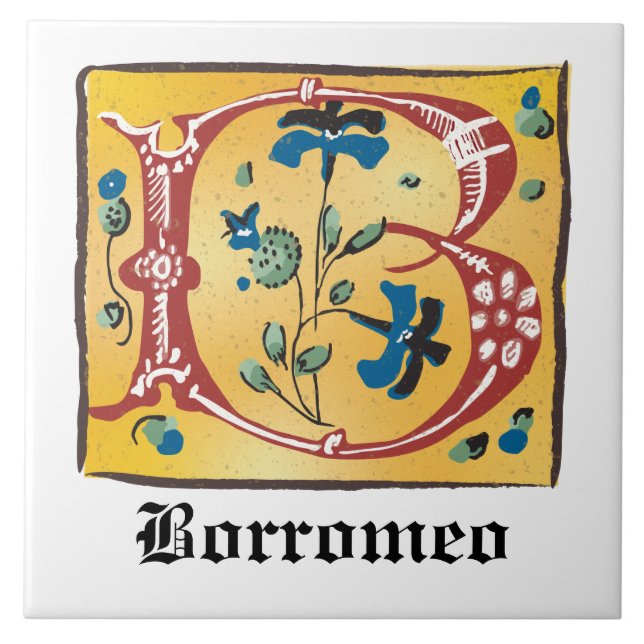 Medieval Blommigt Upplyst Brev B Monogram Kakelplatta (Framsidan)