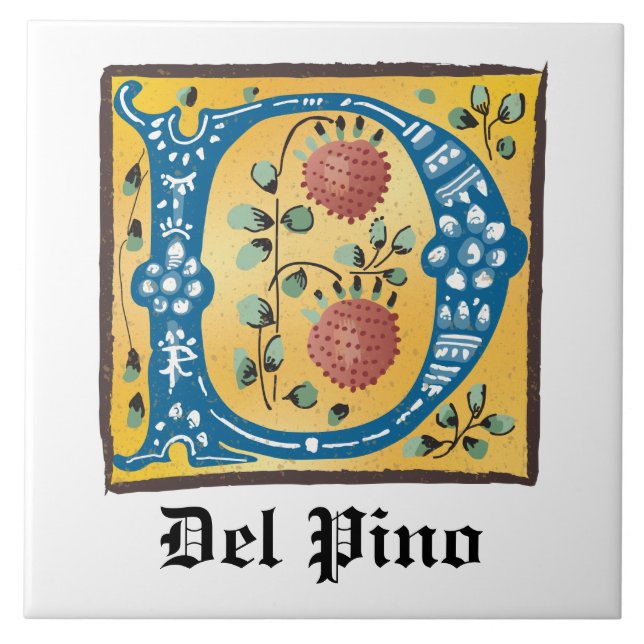 Medieval Blommigt Upplyst Brev D Monogram Kakelplatta (Framsidan)